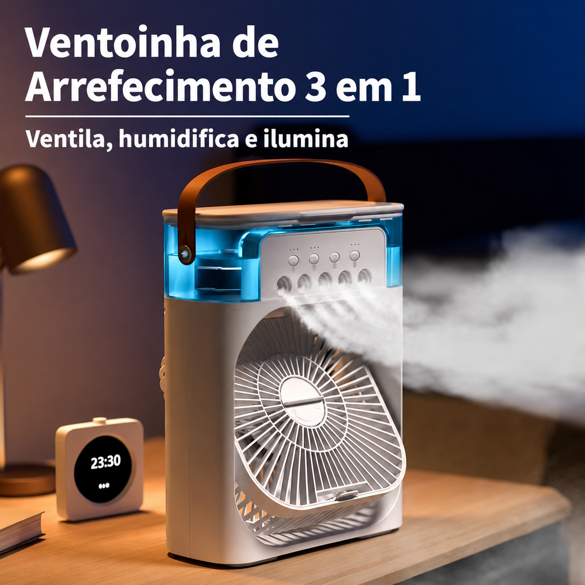 Ventoinha Portátil 3 em 1 com Humidificador e Luz LED