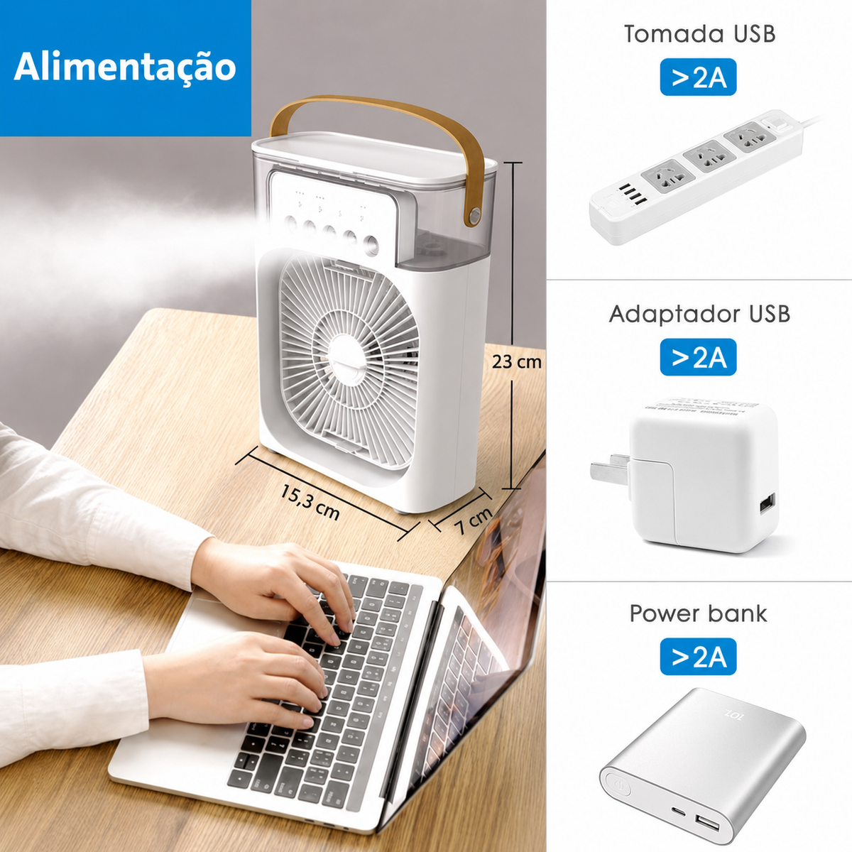Ventoinha Portátil 3 em 1 com Humidificador e Luz LED