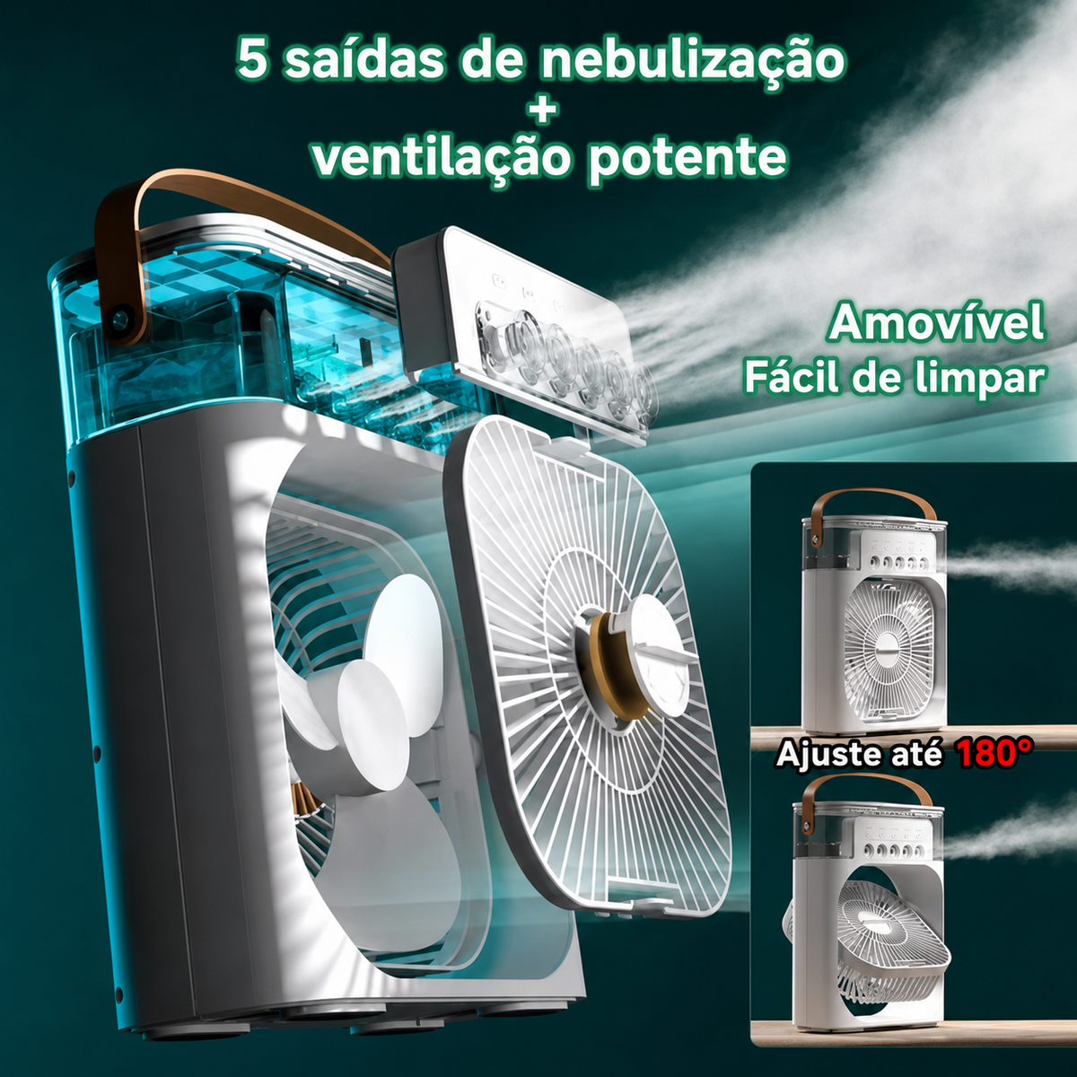 Ventoinha Portátil 3 em 1 com Humidificador e Luz LED